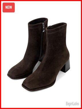Square Toe Ankle Booties Chunky Suede Block Heel Side Zip Short Boots